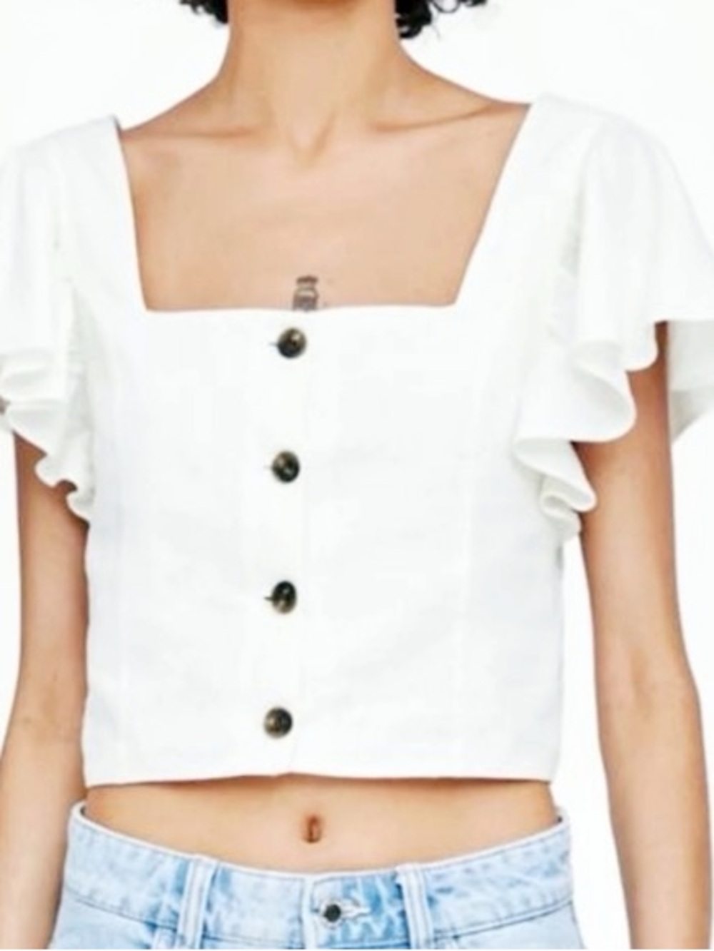 Zara White Square-Neck Ruffle Sleeve Button Crop Top